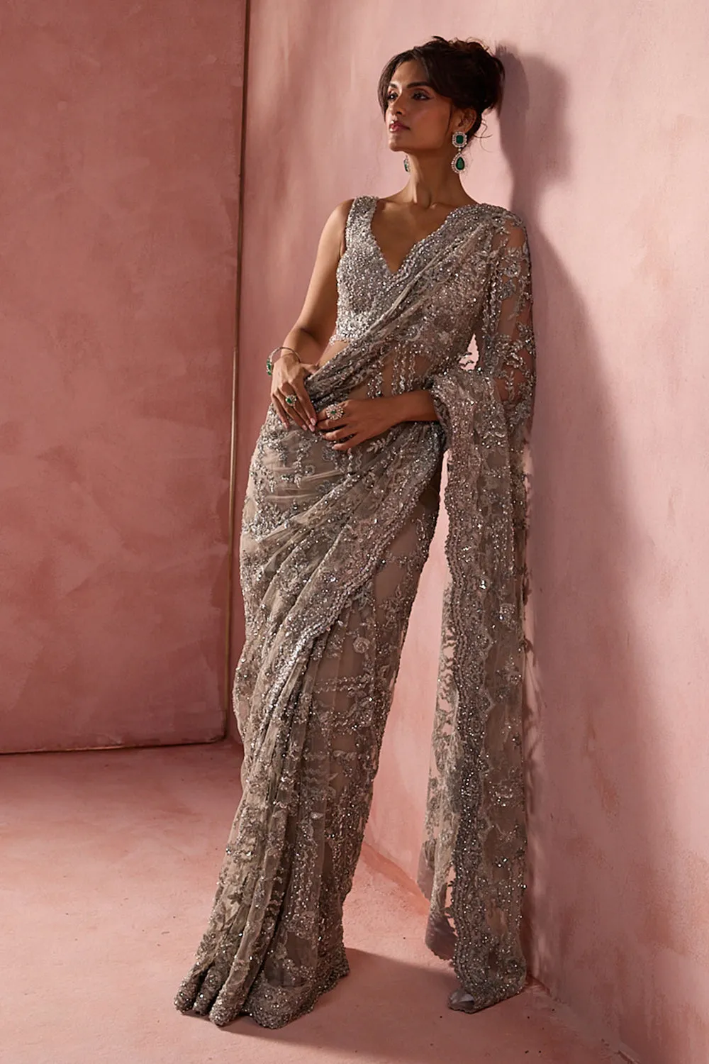 Silver Crystal-Embellished Sari