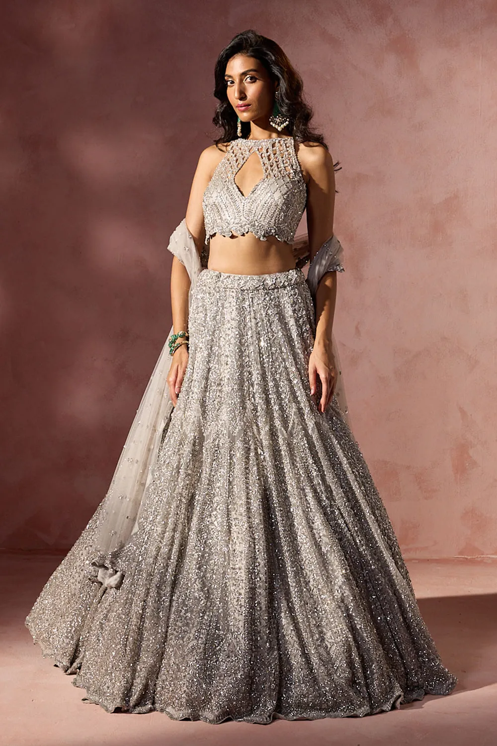 Silver Sequin-Embellished Lehenga Set