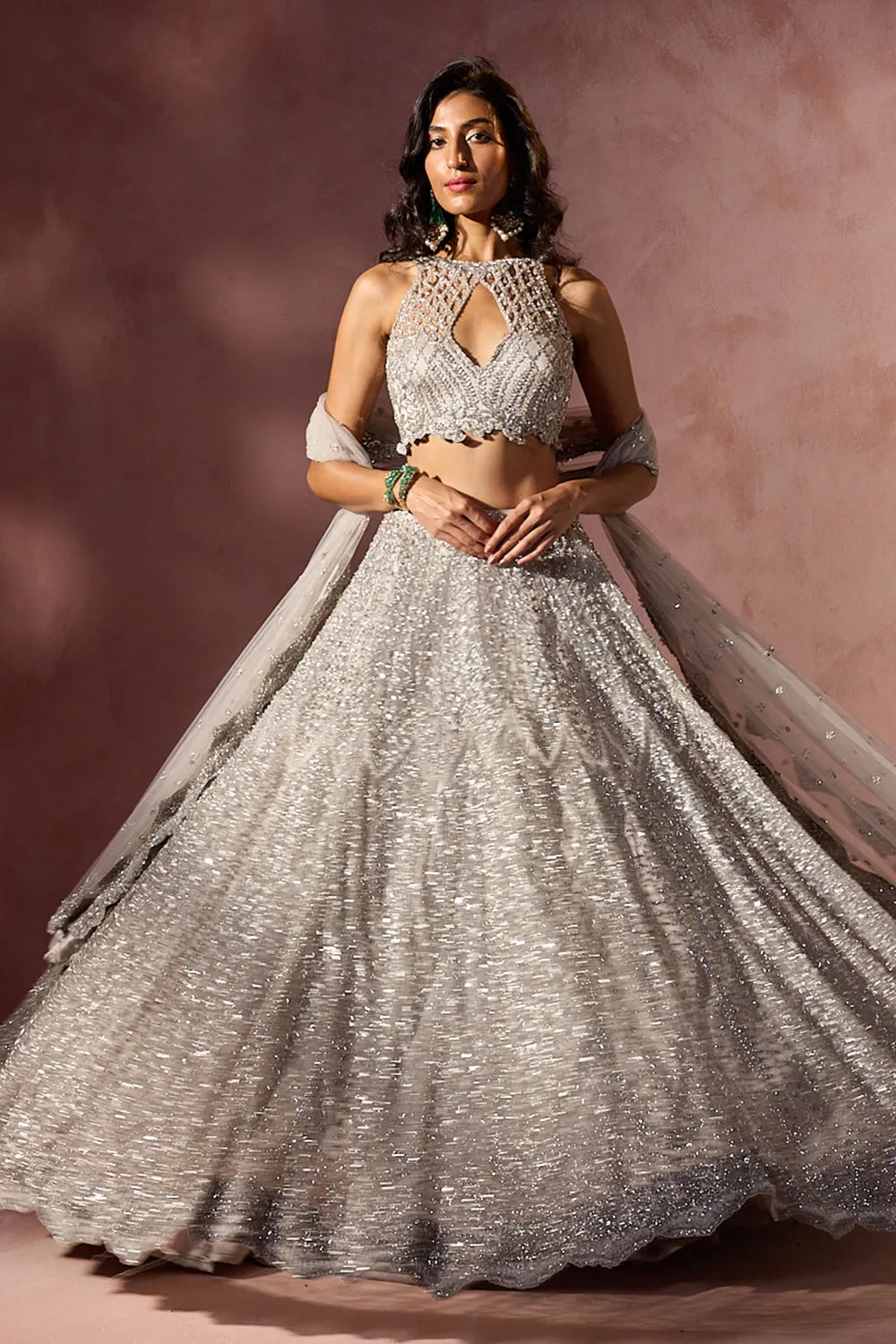 Silver Sequin-Embellished Lehenga Set