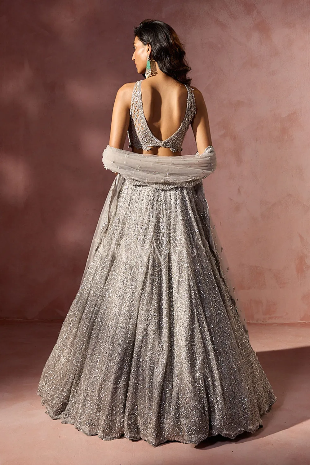 Silver Sequin-Embellished Lehenga Set