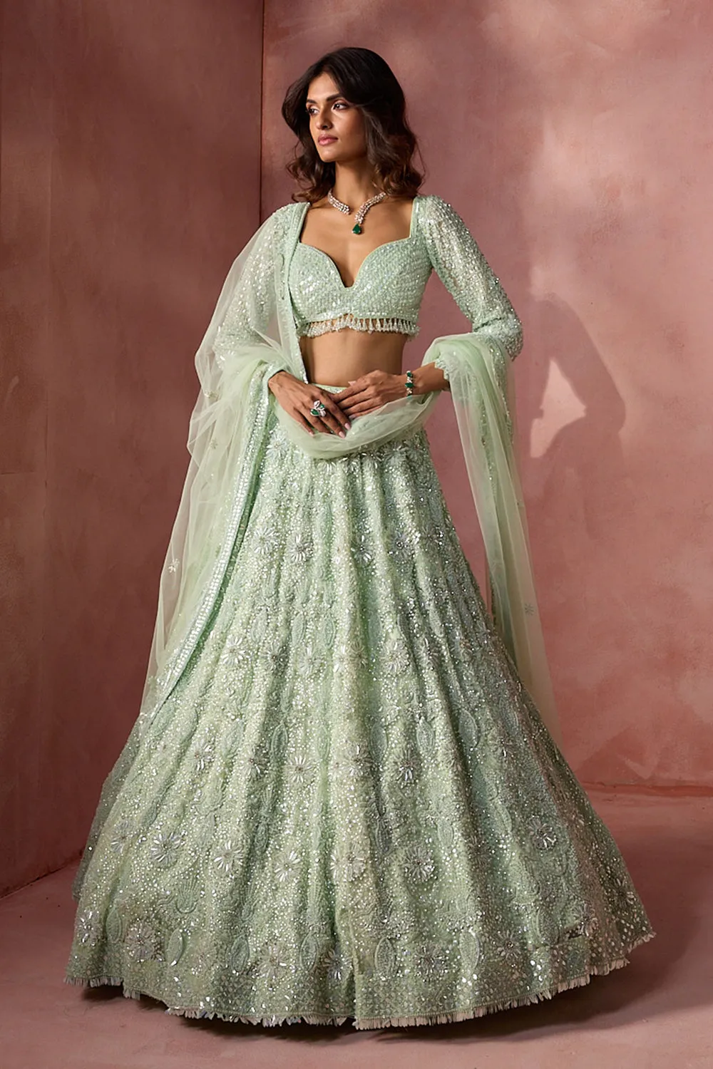 Mint Green Crystal-Embellished Lehenga Set