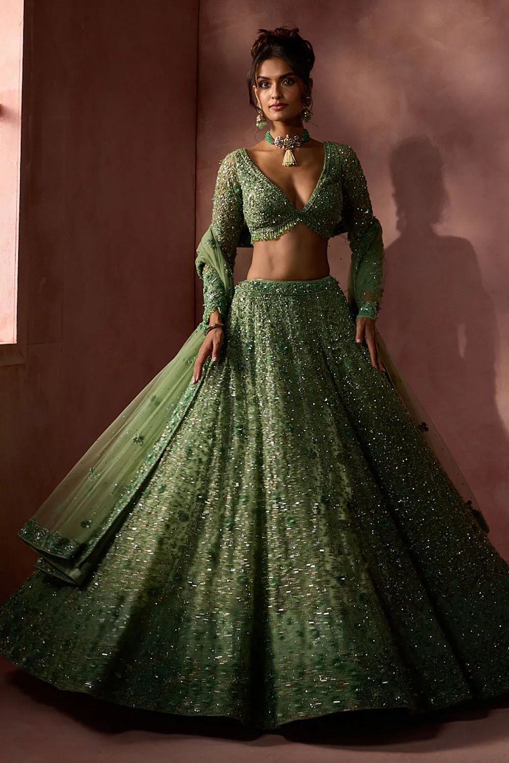 Emerald Green Heavily Embellished Lehenga Set