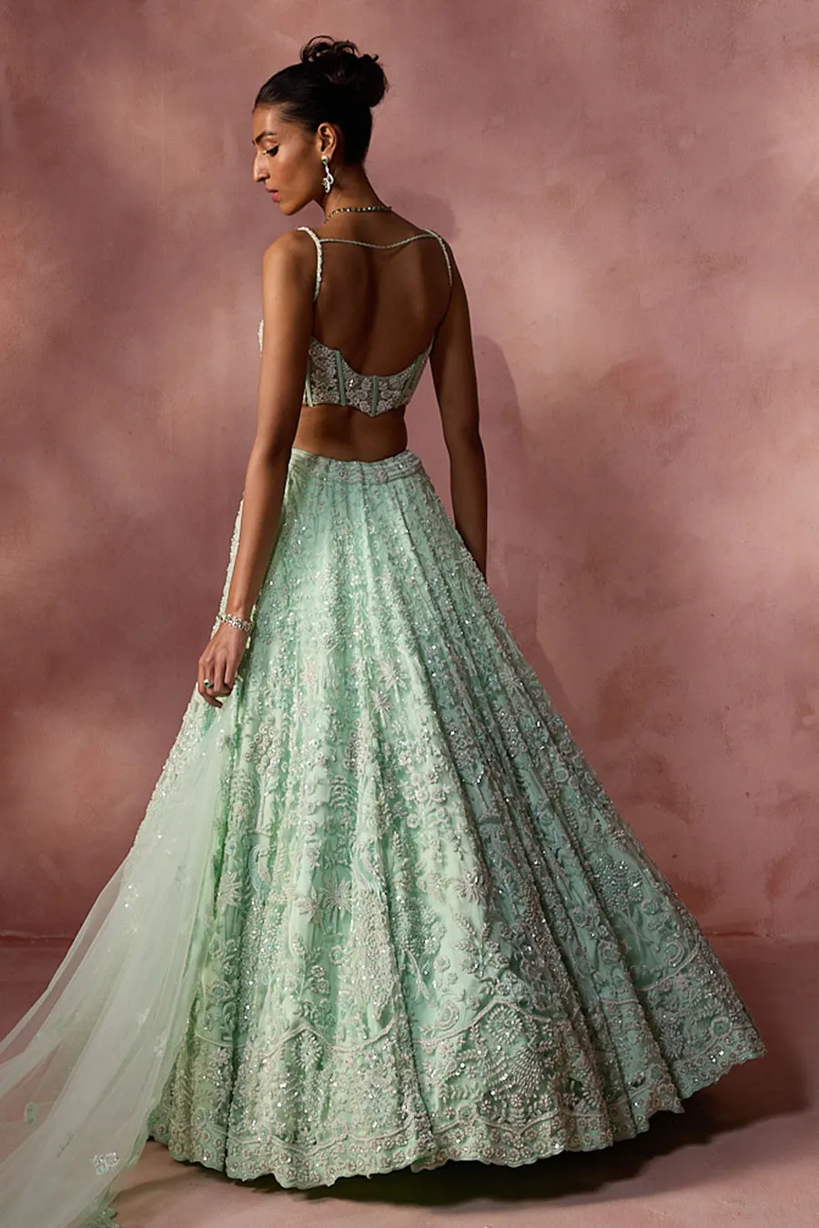 Mint Green Floral Embroidered Bridal Lehenga