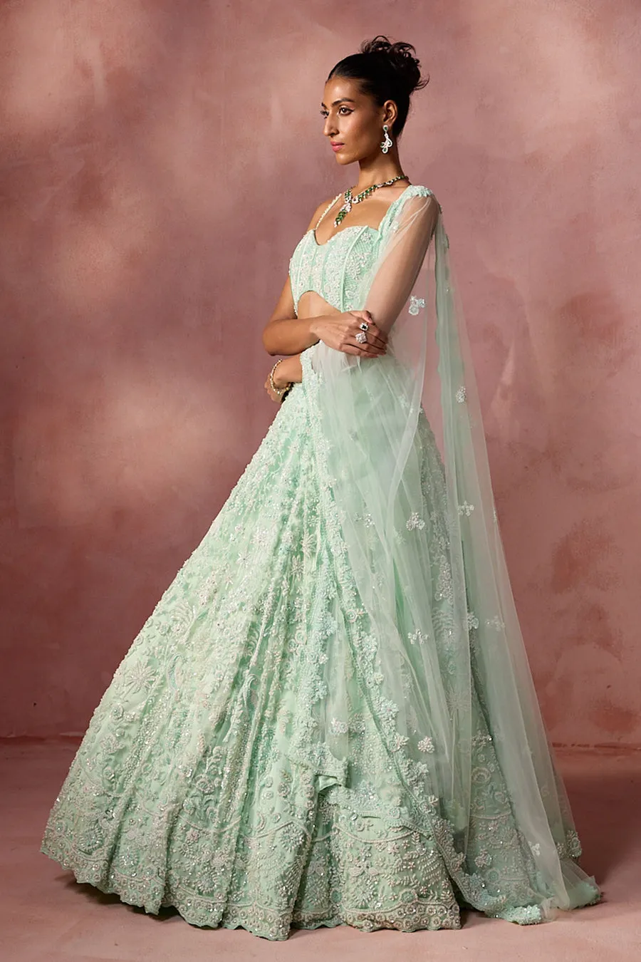 Mint Green Floral Embroidered Bridal Lehenga