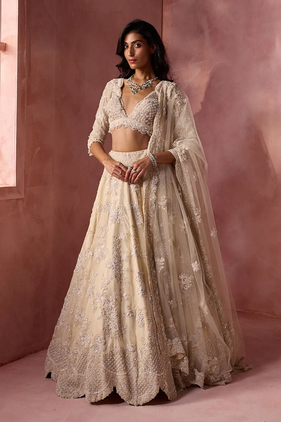 Ivory Floral Embroidered Lehenga Set