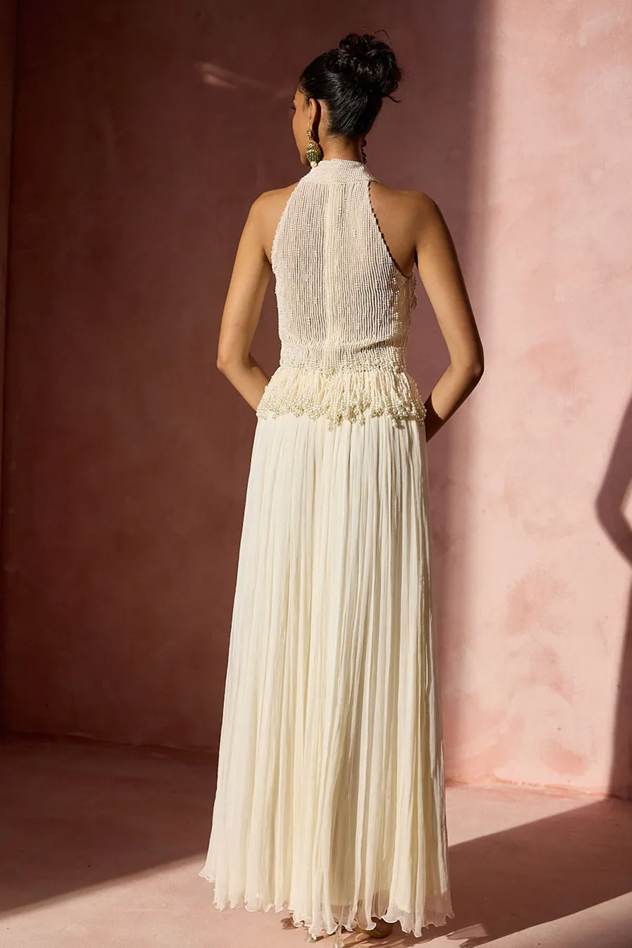 Ivory Halter-Neck Embellished Lehenga Set