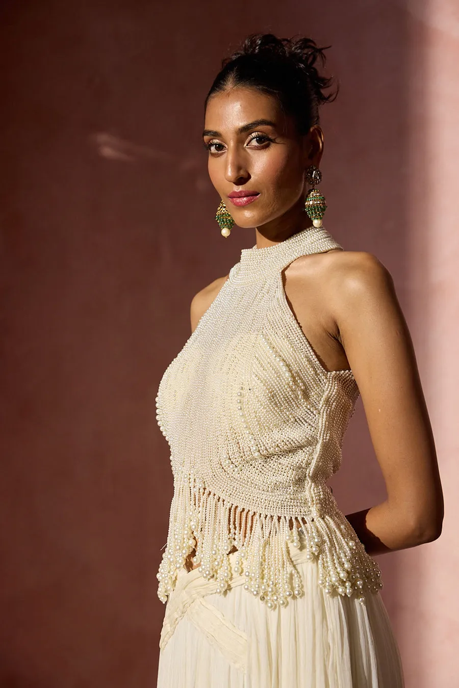 Ivory Halter-Neck Embellished Lehenga Set