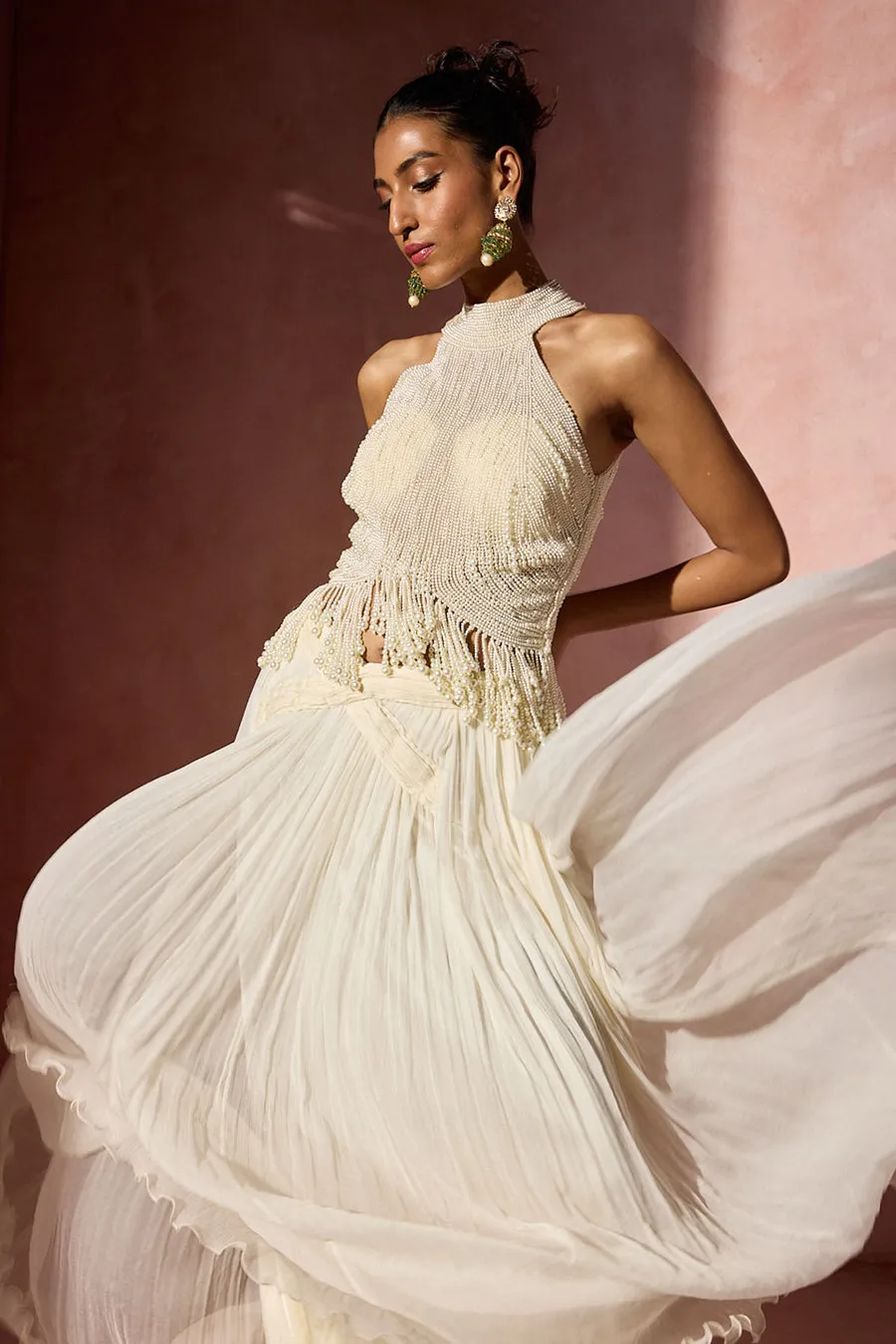 Ivory Halter-Neck Embellished Lehenga Set