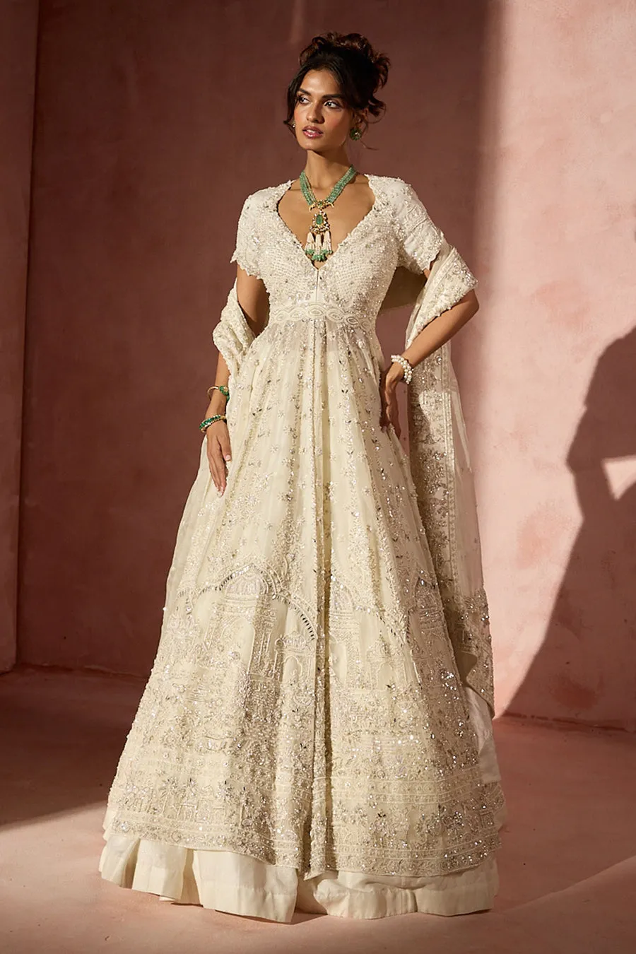 Ivory Embroidered Anarkali with Cape Dupatta