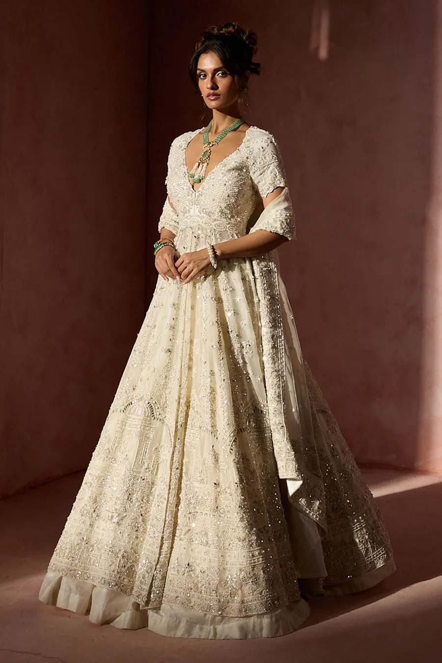 Ivory Embroidered Anarkali with Cape Dupatta