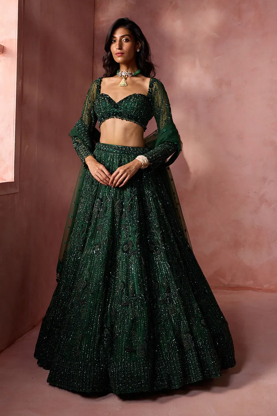 Emerald Sequin Embellished Lehenga Set