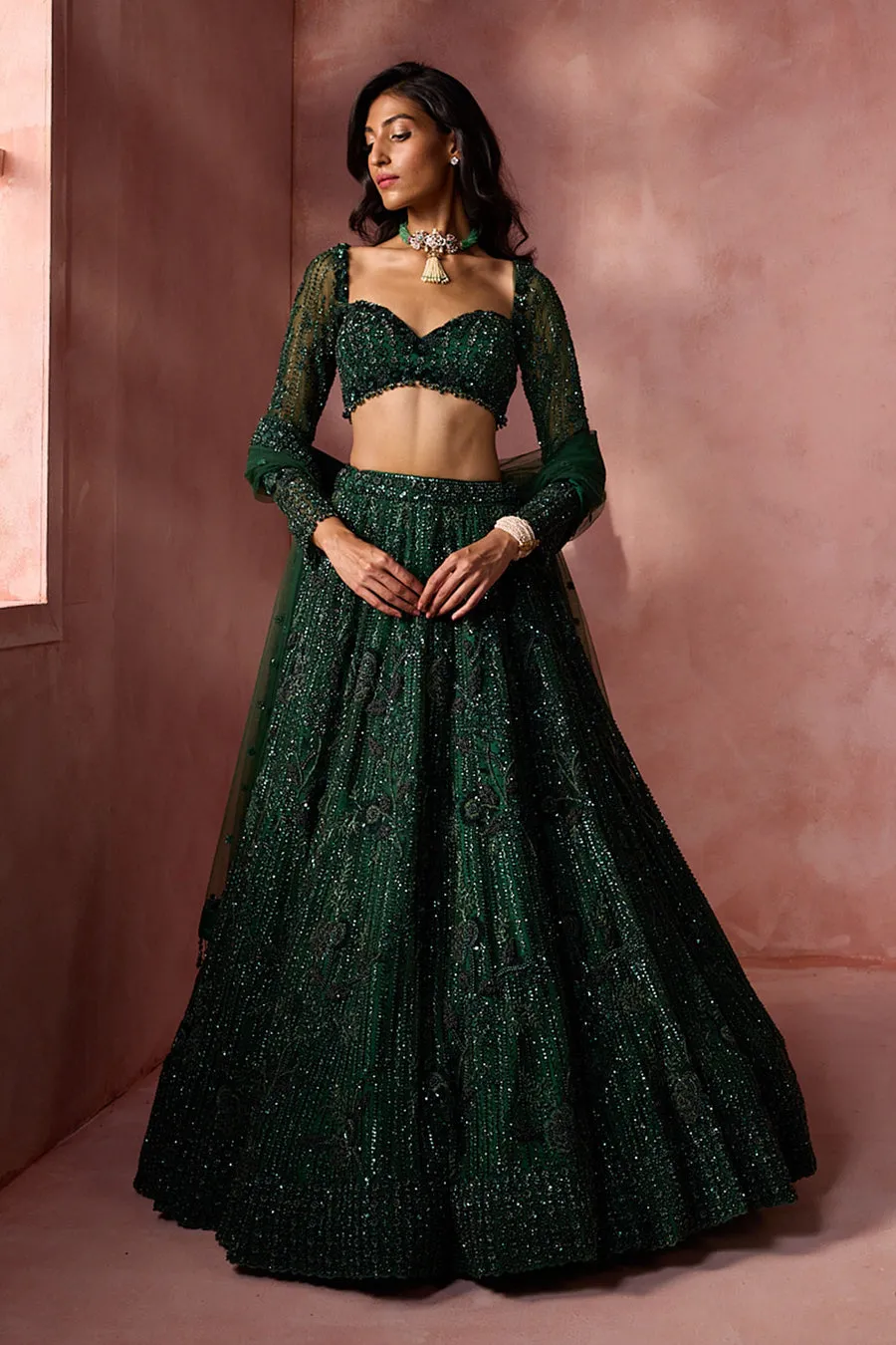 Emerald Sequin Embellished Lehenga Set