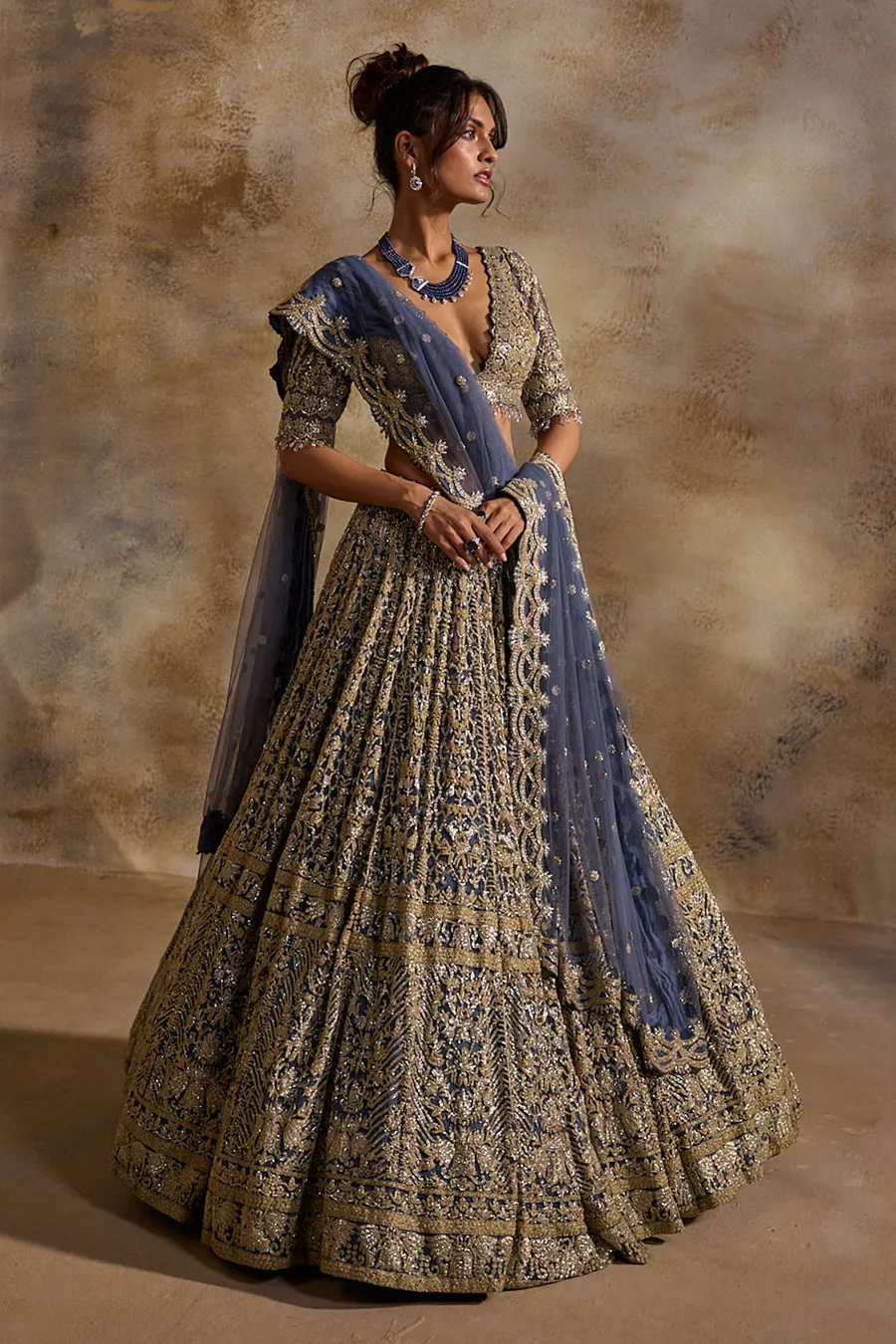 Navy Blue Antique Gold Embroidered Lehenga