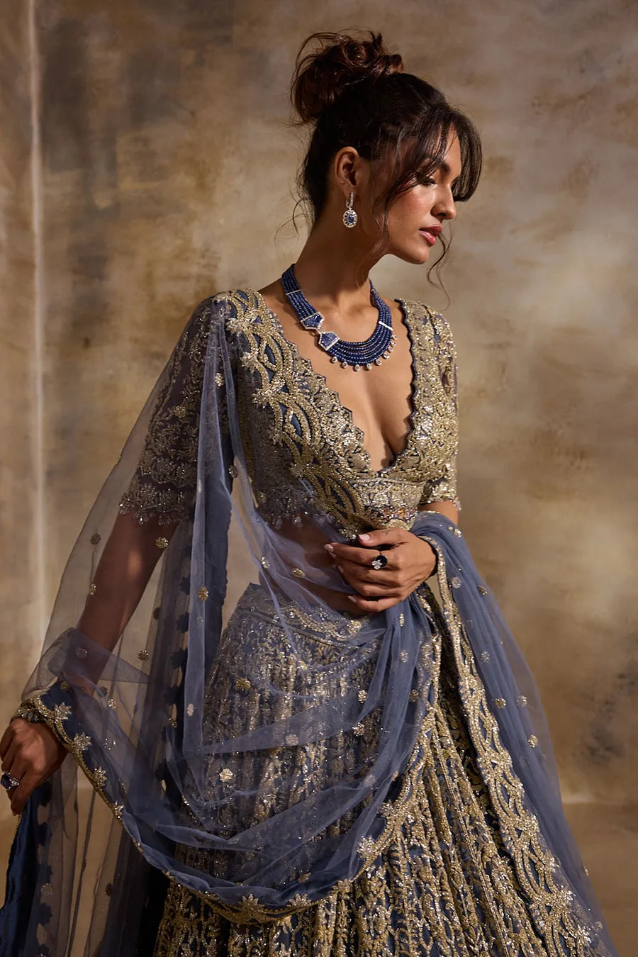 Navy Blue Antique Gold Embroidered Lehenga