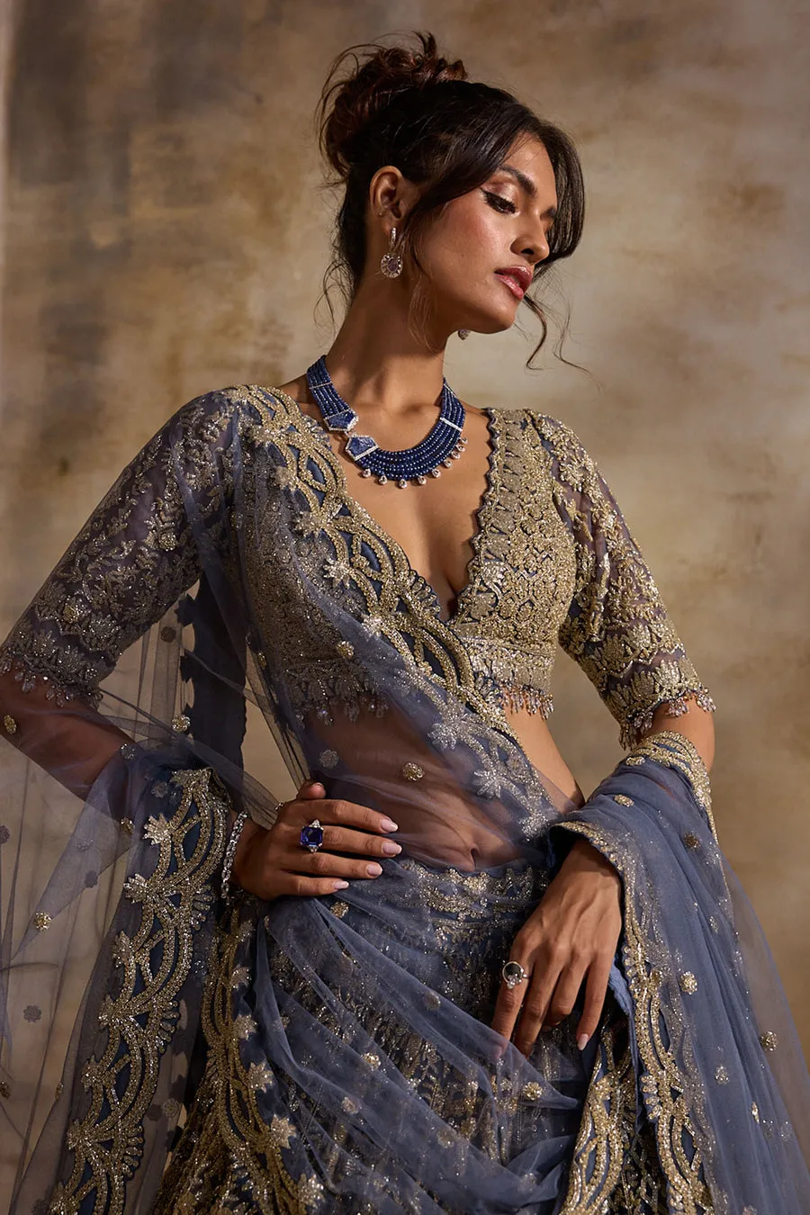 Navy Blue Antique Gold Embroidered Lehenga