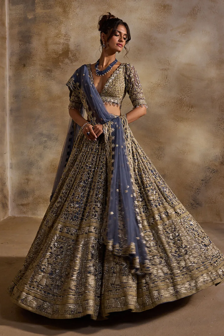 Navy Blue Antique Gold Embroidered Lehenga