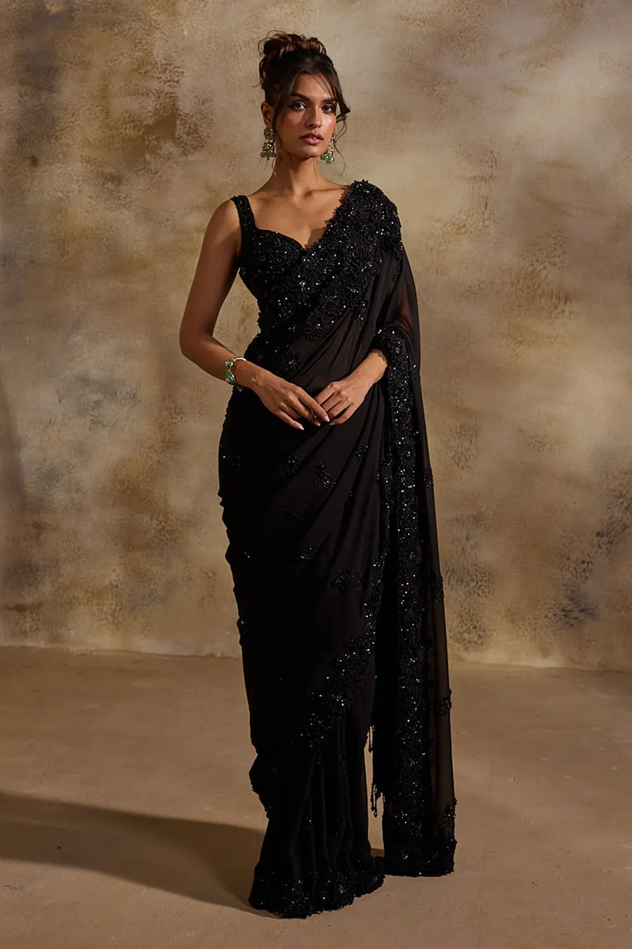 Black Sequin Embellished Sari