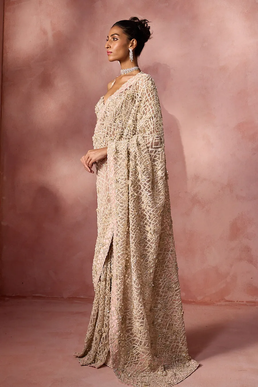 Champagne Gold Heavily Embellished Sari
