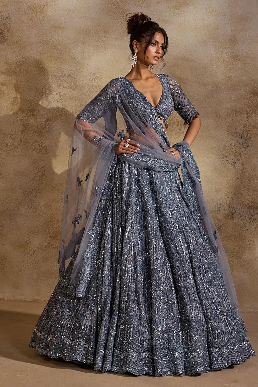Steel Grey Sequin-Embellished Lehenga
