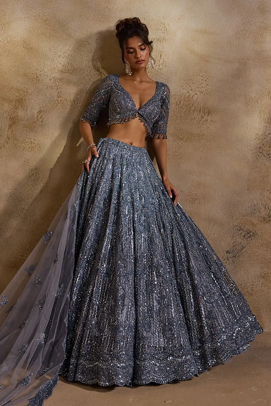 Steel Grey Sequin-Embellished Lehenga