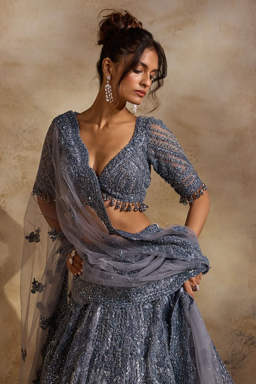 Steel Grey Sequin-Embellished Lehenga