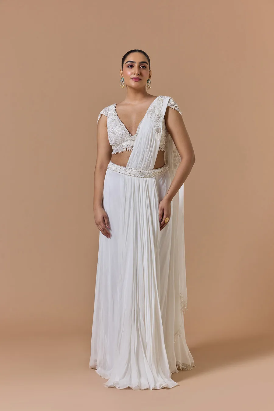 Ivory Embellished Pre-Draped Sari