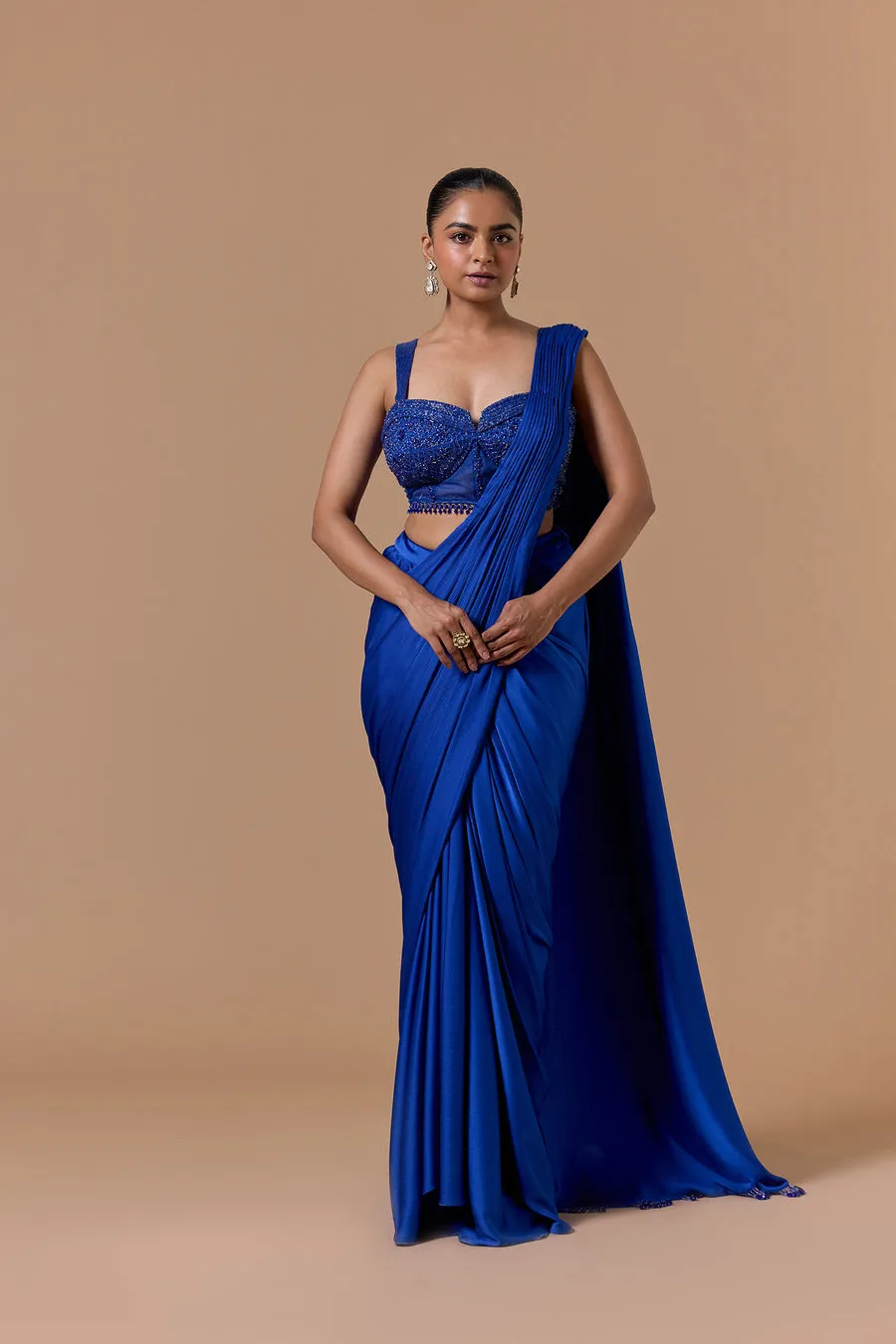 Cobalt Blue Draped Sari with Embellished Bustier Blouse
