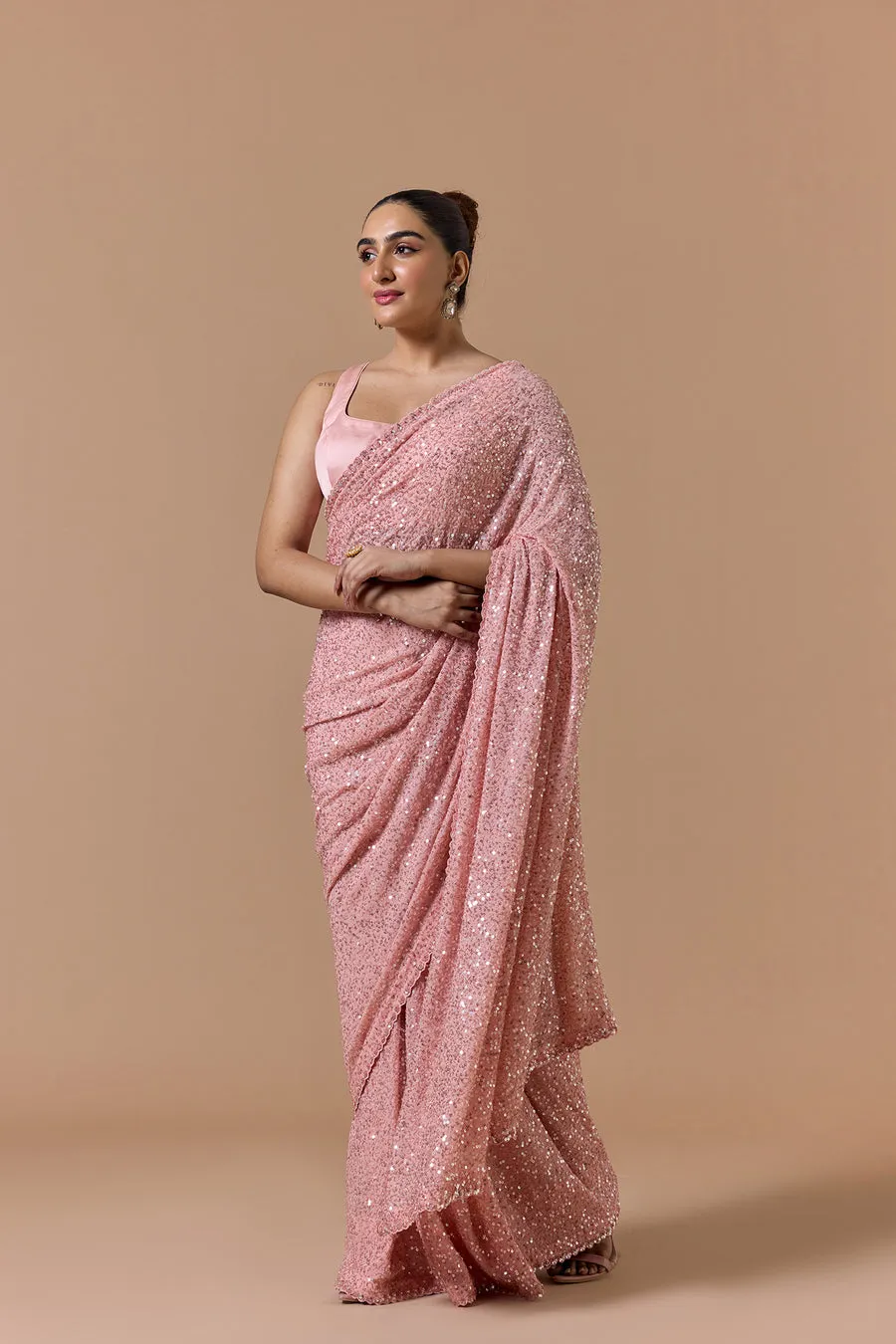 Blush Pink Sequin Draped Sari