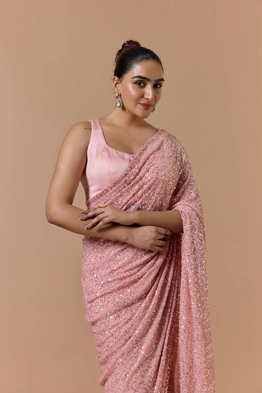 Blush Pink Sequin Draped Sari