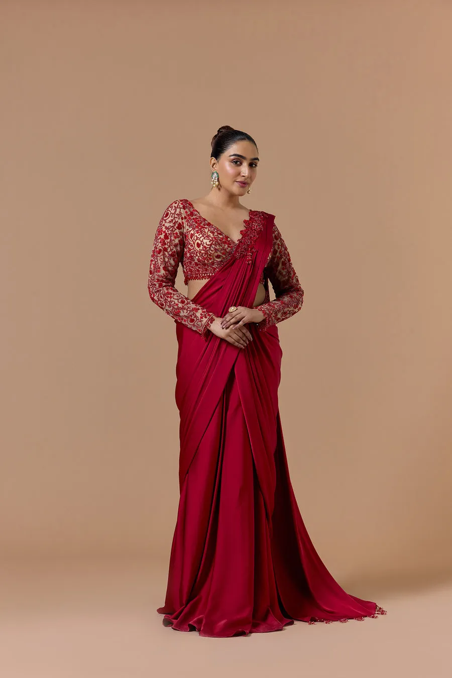 Deep Red Embroidered Draped Sari