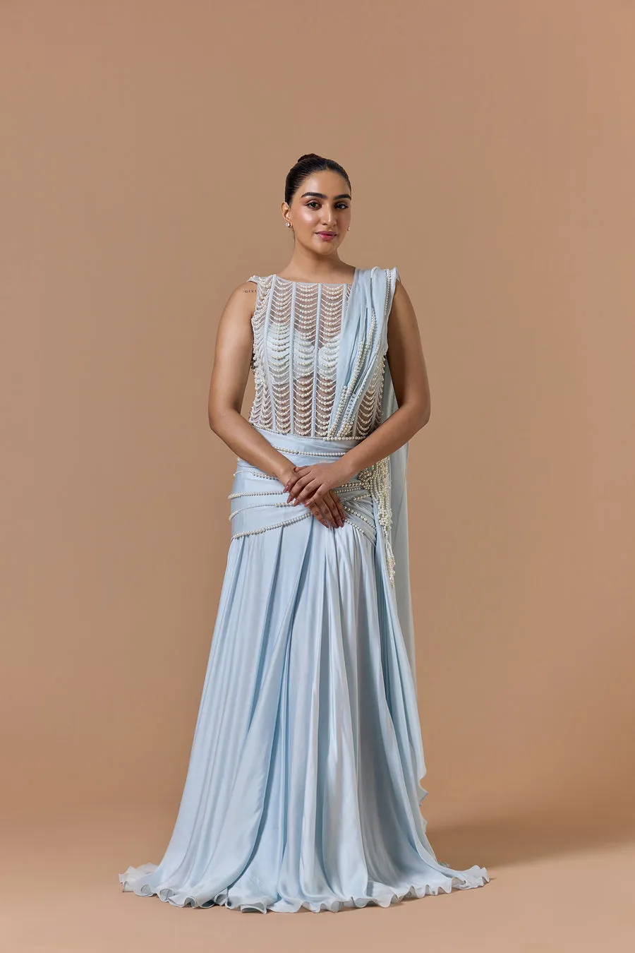 Powder Blue Pearl-Detailed Draped Sari