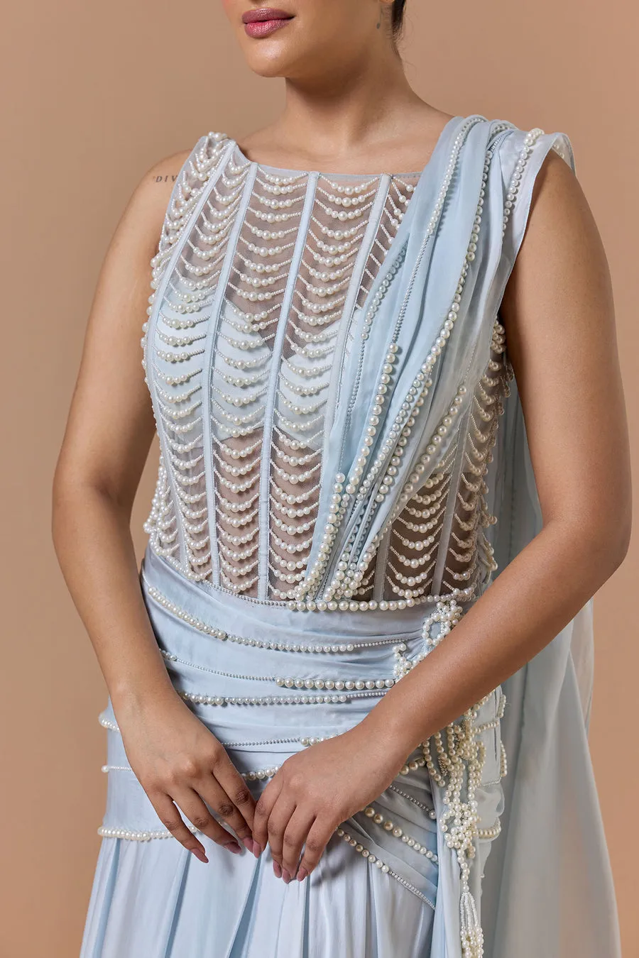 Powder Blue Pearl-Detailed Draped Sari