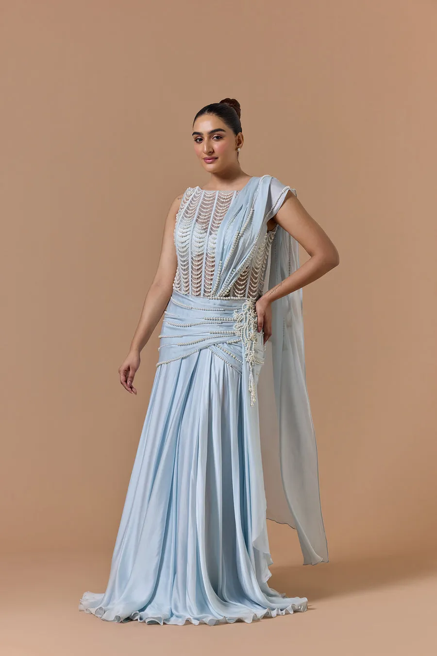 Powder Blue Pearl-Detailed Draped Sari
