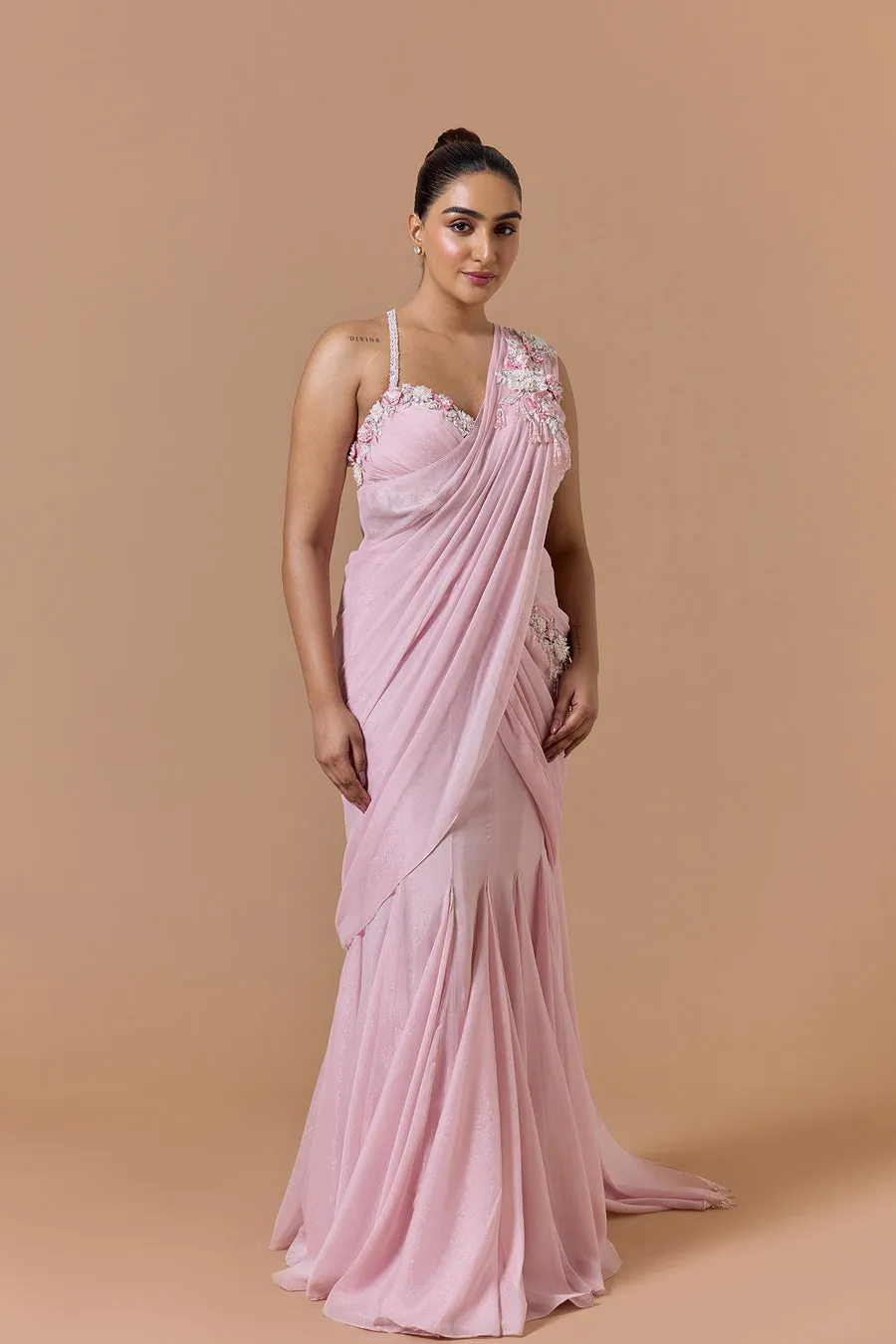 Blush Pink Floral-Appliqué Draped Sari