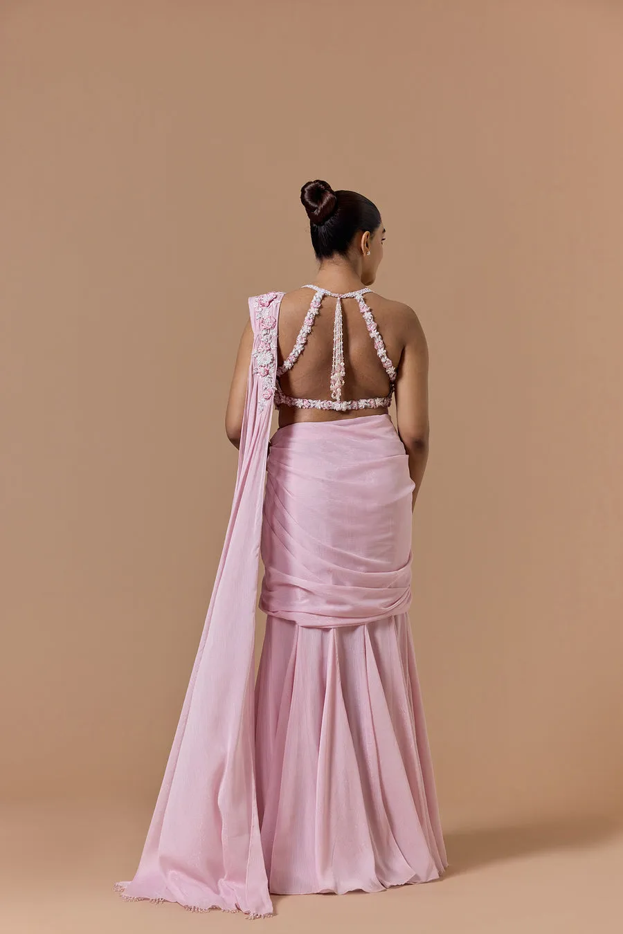 Blush Pink Floral-Appliqué Draped Sari