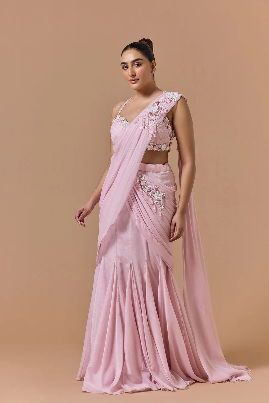 Blush Pink Floral-Appliqué Draped Sari