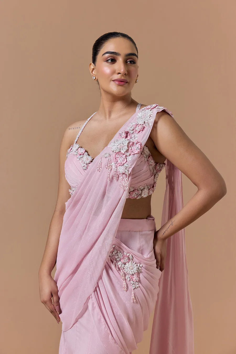 Blush Pink Floral-Appliqué Draped Sari