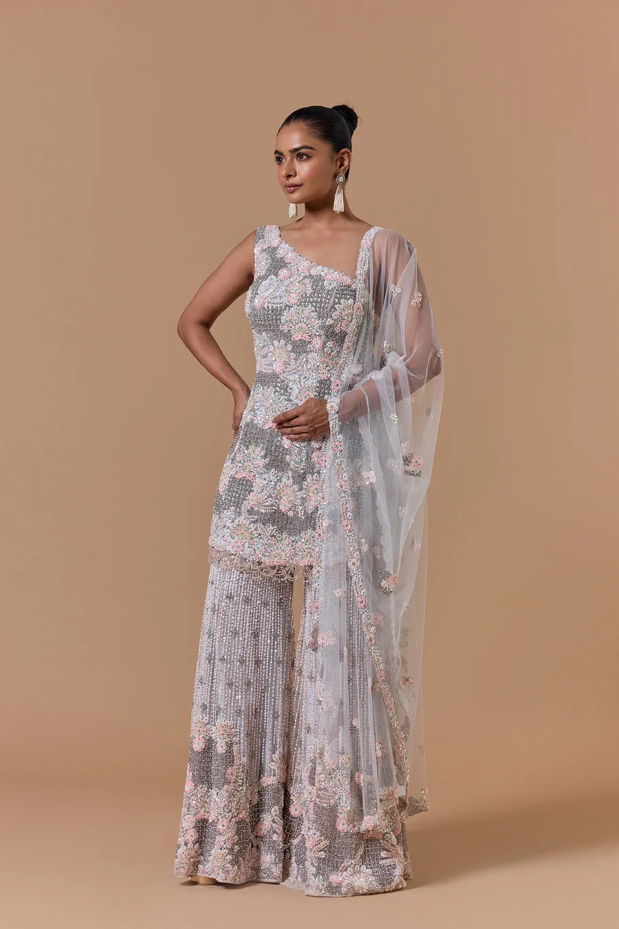 Silver Grey Floral Embellished Sharara Set