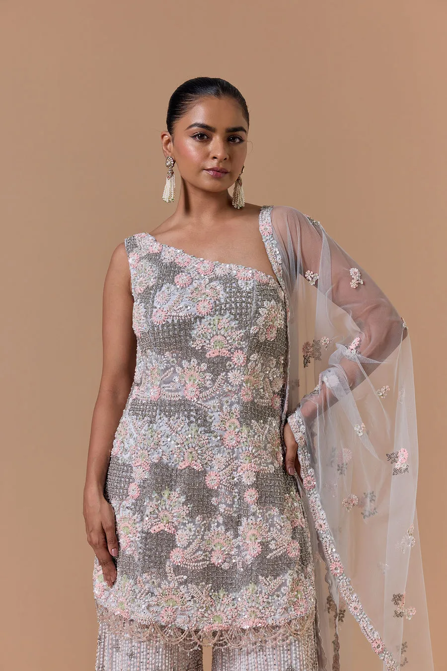 Silver Grey Floral Embellished Sharara Set