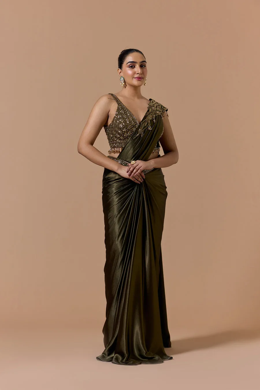 Olive Green Embellished Satin Sari