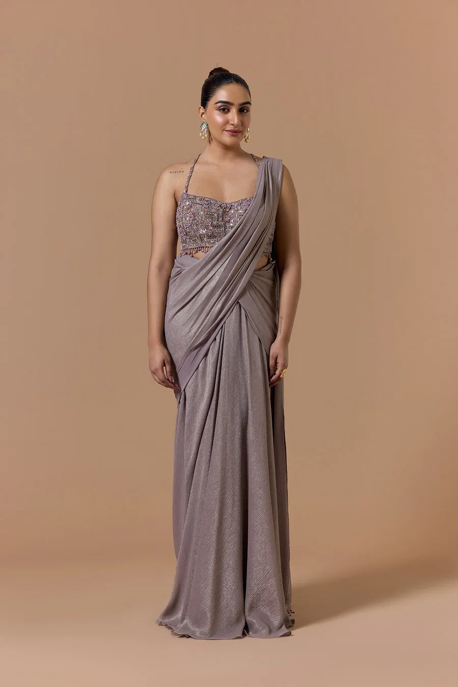 Taupe Grey Embellished Draped Sari