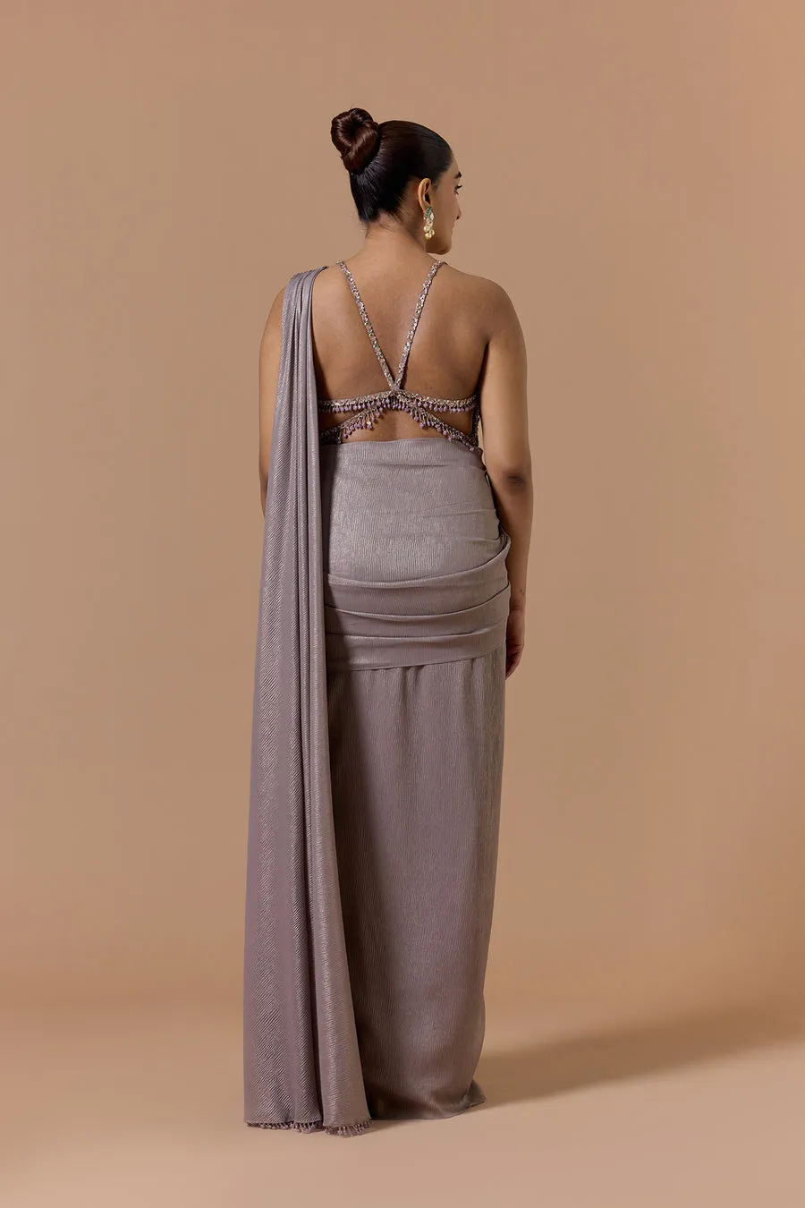 Taupe Grey Embellished Draped Sari