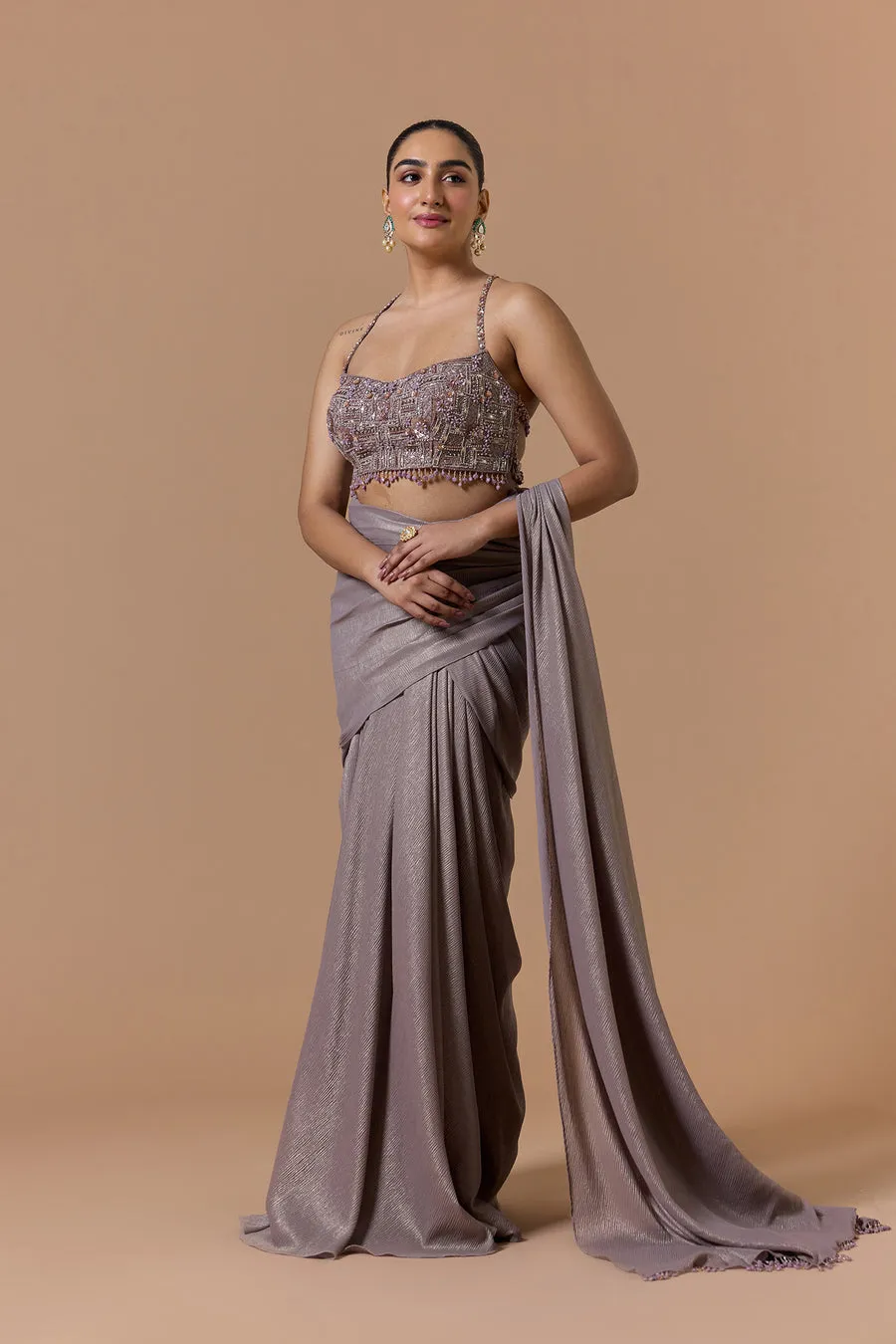 Taupe Grey Embellished Draped Sari