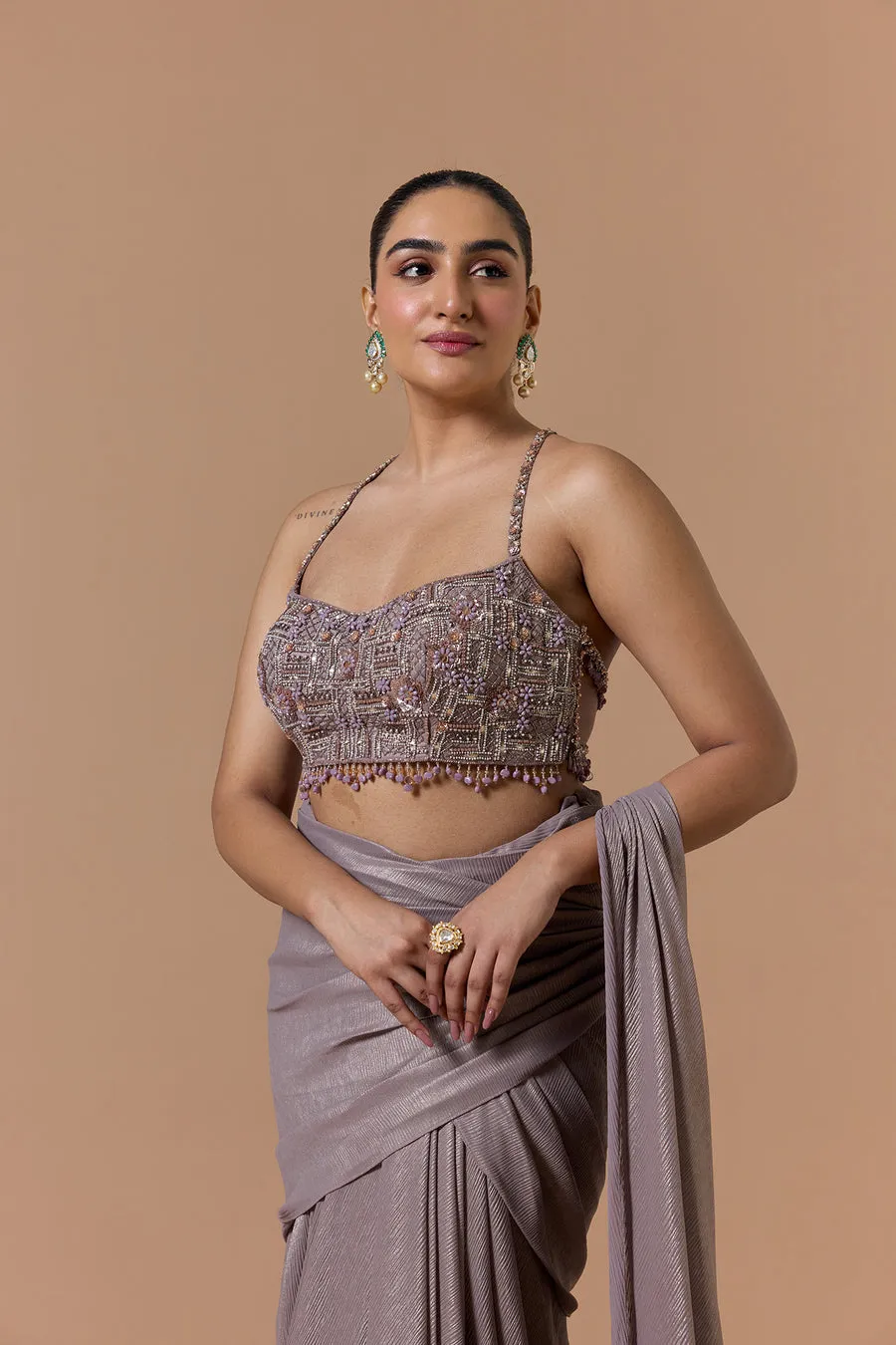 Taupe Grey Embellished Draped Sari