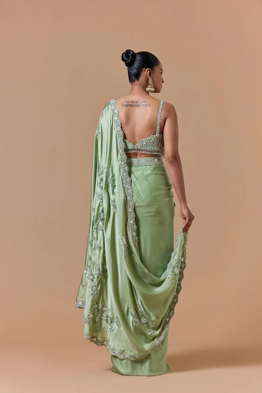 Sage Green Embellished Draped Sari