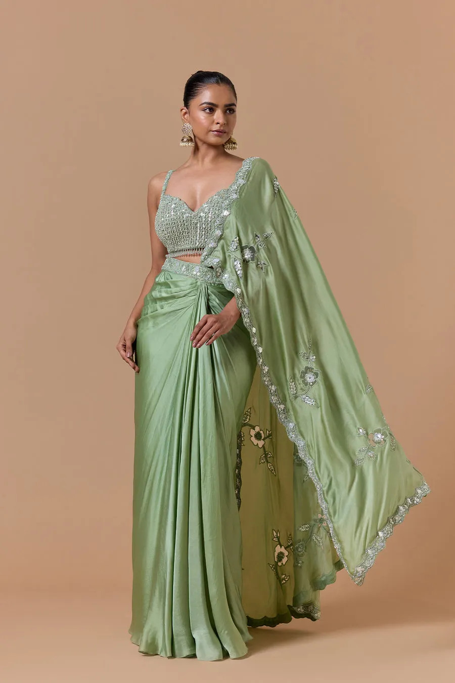 Sage Green Embellished Draped Sari