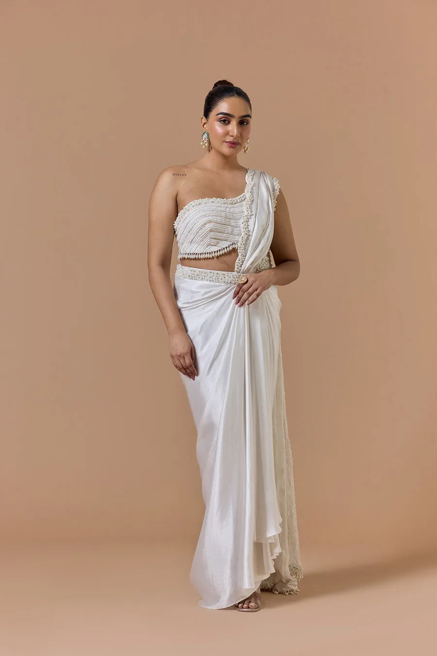 Ivory Pearl-Embellished Draped Sari