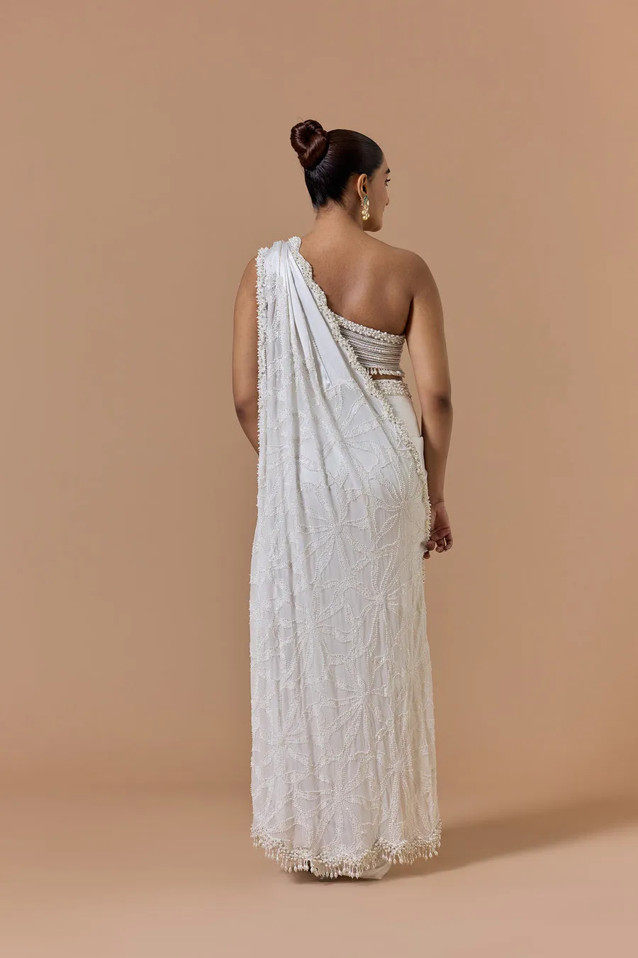 Ivory Pearl-Embellished Draped Sari