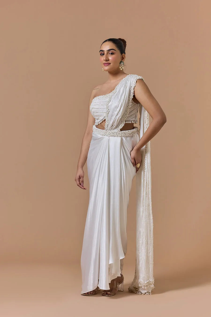 Ivory Pearl-Embellished Draped Sari