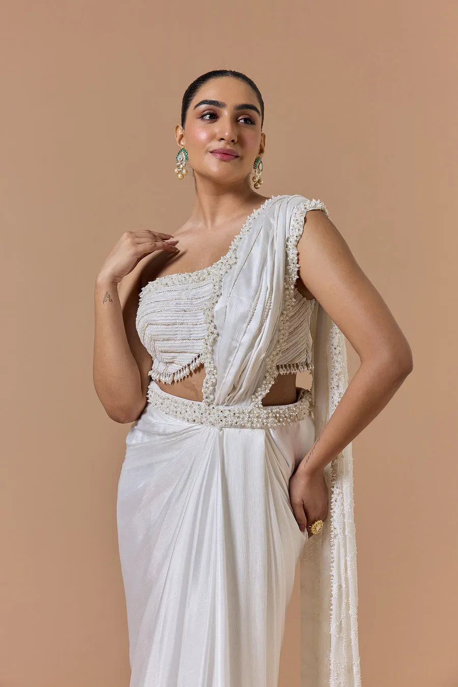 Ivory Pearl-Embellished Draped Sari